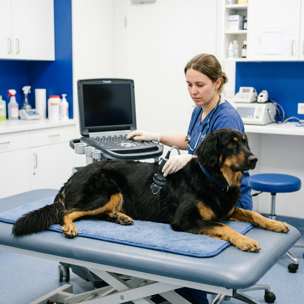 Tierärztin führt bei einem ruhig liegenden Hovawart eine Ultraschalluntersuchung am Brustkorb durch